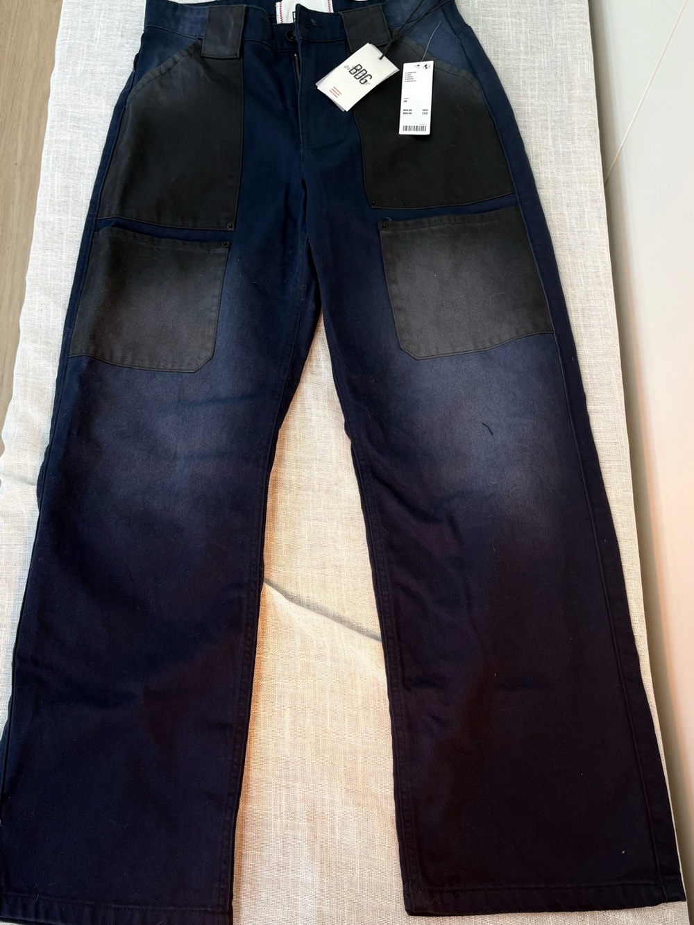 Urban Outfitters Men's Dark Blue Straight Jeans with Black Patch Pockets